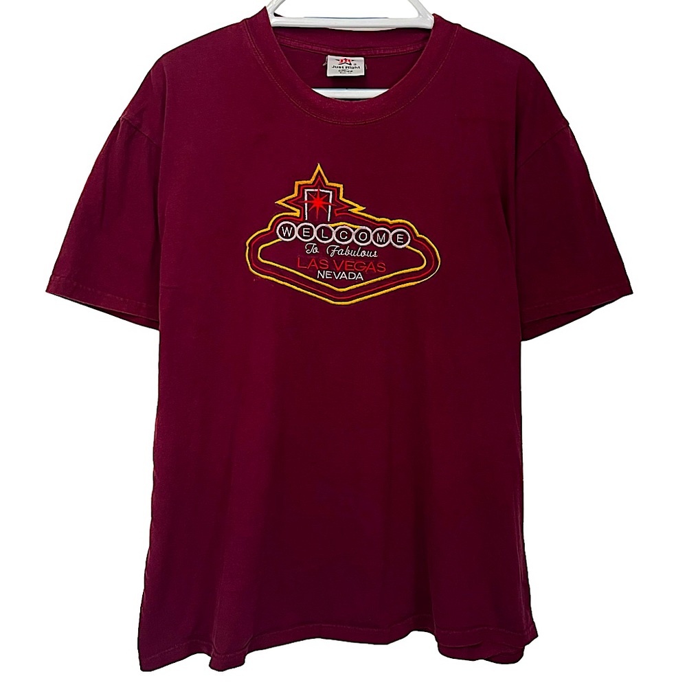 VTG LAS VEGAS DESTINATION NEVADA SOUVENIR T SHIRT EMBROIDERED BURGUNDY TEE XL